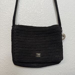 The Sak Mini Crossbody Bag Black Crochet Flap Zip Lined Key Fob